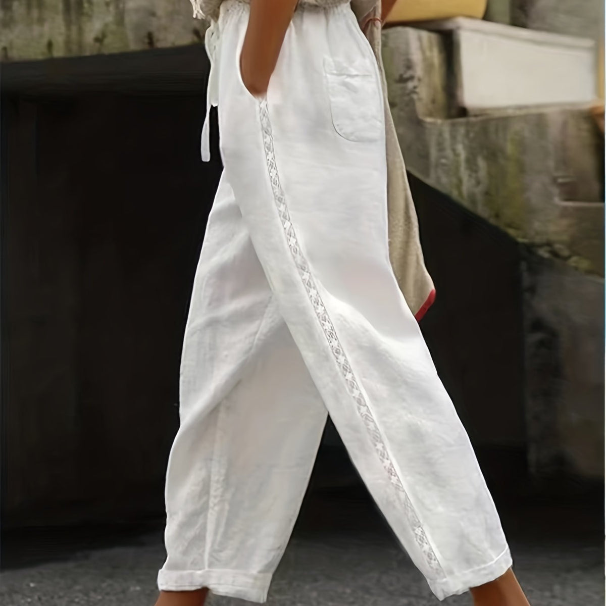 Contrast Lace Straight Leg Pants Casual Pocket Drawstring Pants