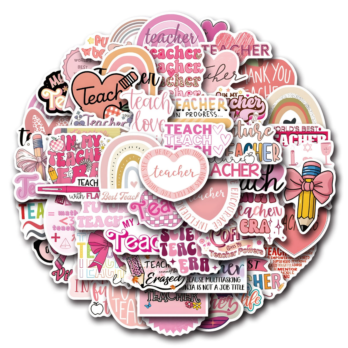 55pcs Pink Teacher Cartoon Stickers Set Vinyl Decals for Phones Laptops Water Bo
