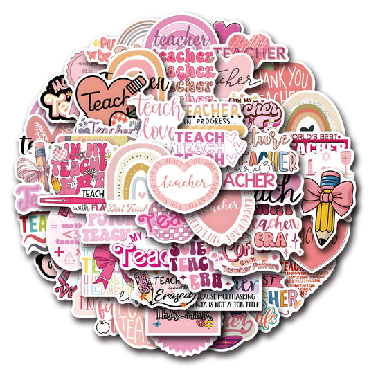 55pcs Pink Teacher Cartoon Stickers Set Vinyl Decals for Phones Laptops Water Bo