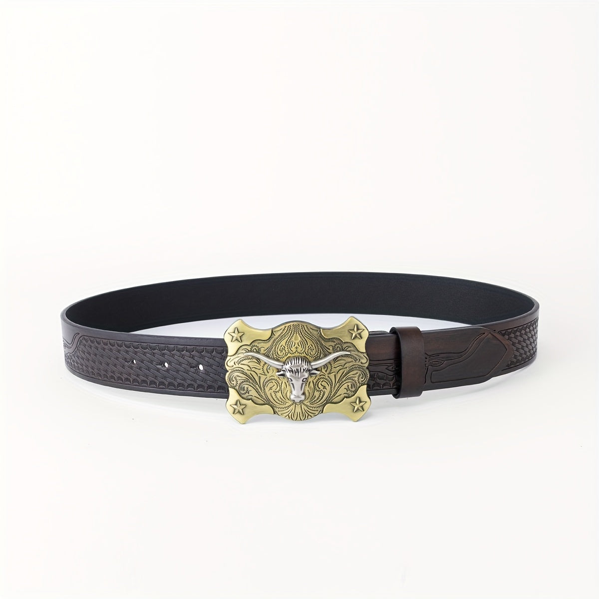 Long Horn Leather Belt Plaid Cattle Pattern Western Vintage