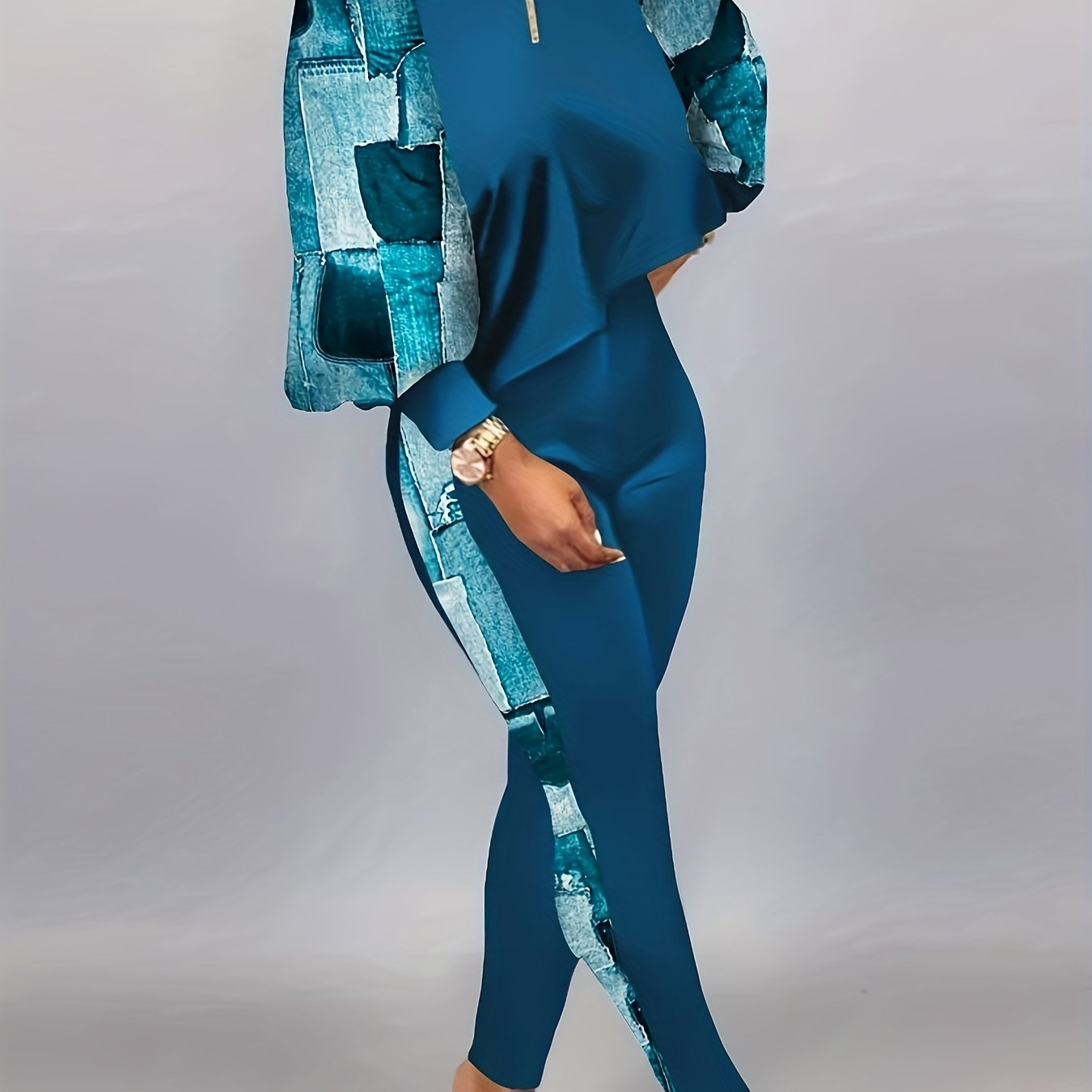  Colorblock Denim Print Lantern Sleeve Top & Pants Set