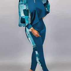  Colorblock Denim Print Lantern Sleeve Top & Pants Set