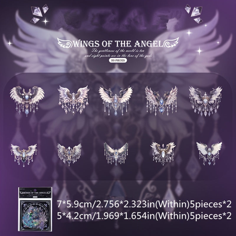 20pcs Angel Wings Theme Stickers Shimmery Glitter Self-adhesive PET Plastic