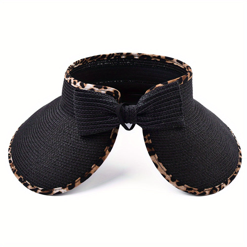 Leopard Straw Sun Visor Hat Wide Brim Sunscreen UV Protection Sun Hats Women