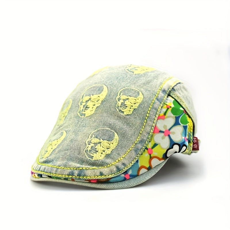 Skull Embroidered Hip Hop Beret Washed Distressed Vintage Flat Hat