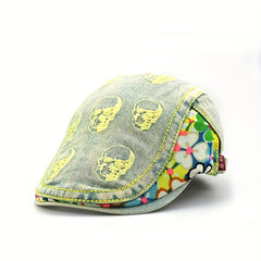 Skull Embroidered Hip Hop Beret Washed Distressed Vintage Flat Hat