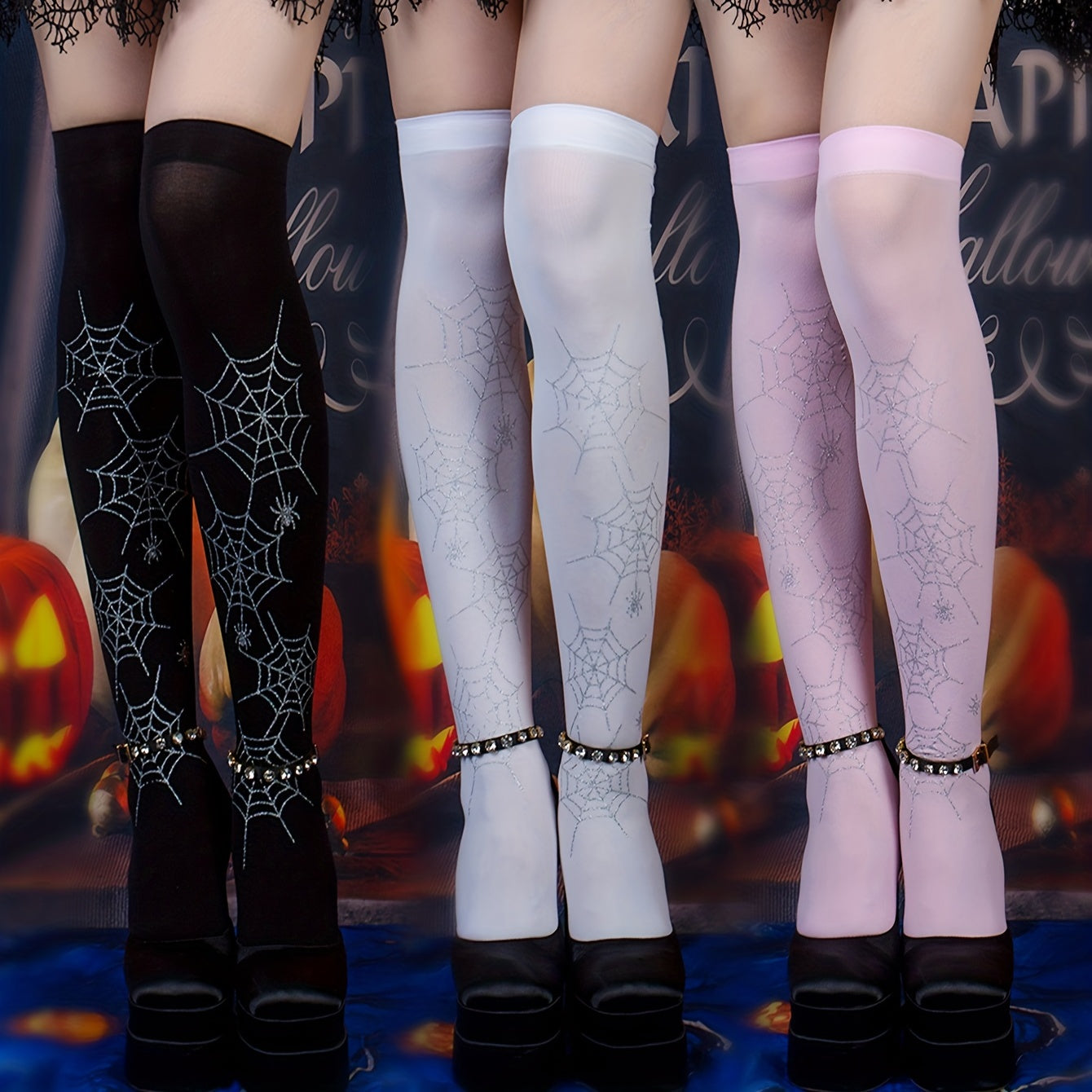 Spider Web Print Over The Knee Socks Y2K Smooth Women's Stockings Hosiery