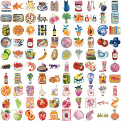 100pcs Waterproof Fruit & Vegetable Vinyl Stickers Mixed Colors