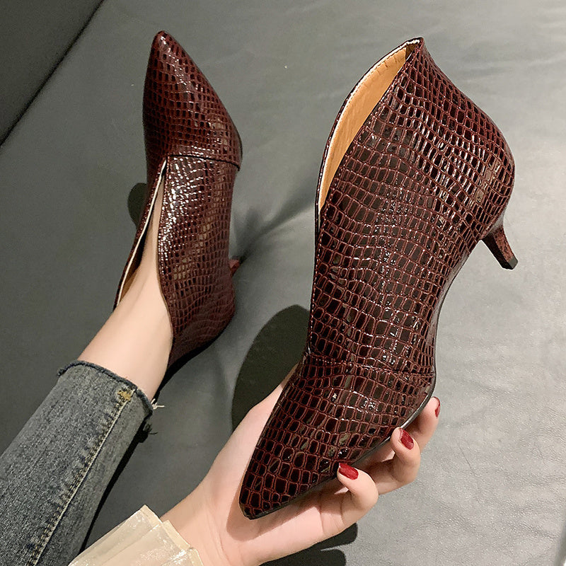 Crocodile Embossed Ankle Boots Women's Point Toe Heels