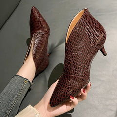 Crocodile Embossed Ankle Boots Women's Point Toe Heels