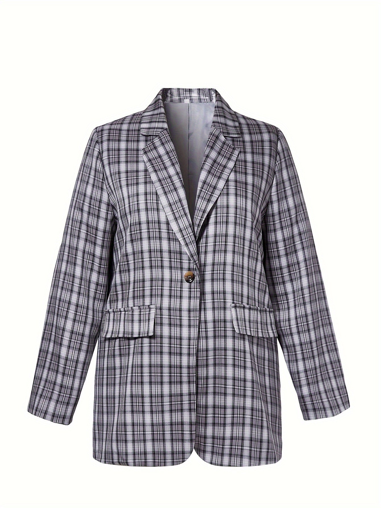  Plaid Print Long Sleeve Lapel Collar Blazer