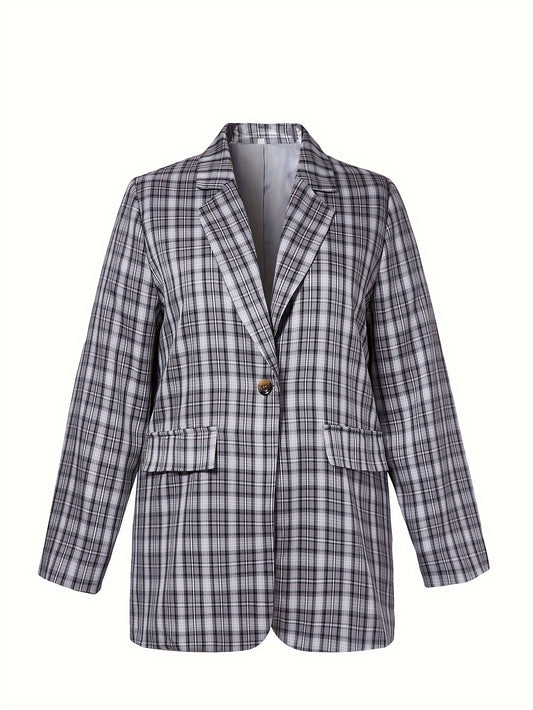  Plaid Print Long Sleeve Lapel Collar Blazer