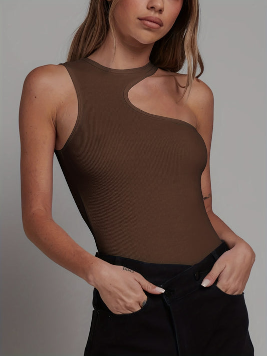 Sexy Asymmetrical Solid Bodysuit Sleeveless Crew Neck Women's Clothing