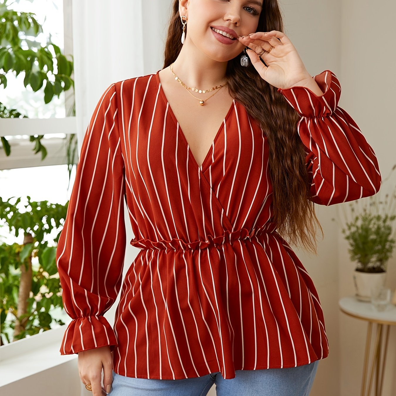  Striped Print V Neck Peplum Blouse Long Sleeve Casual Top