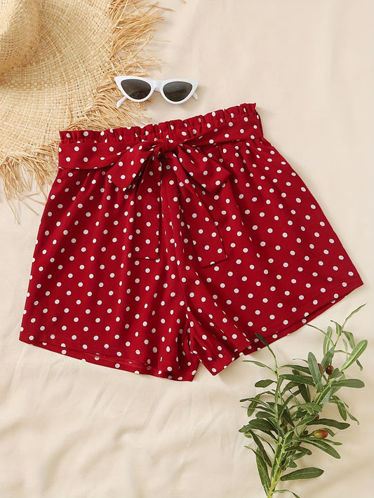  Polka Dot Print Elastic Shorts With Belt