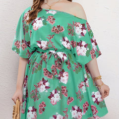 Floral Print One Shoulder Batwing Sleeve Knee Length Dress With Belt