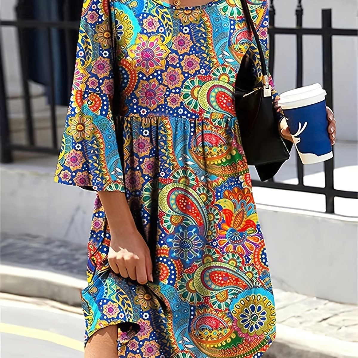  Paisley Print Bell Sleeve Round Neck Dress
