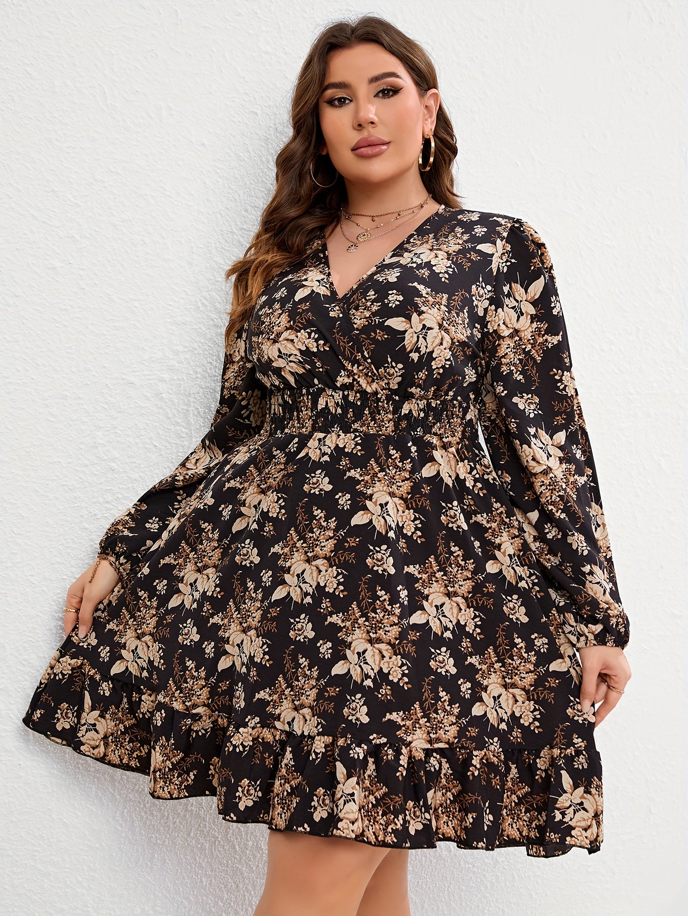 Floral Print Lantern Sleeve Waist Mini Smock Dress