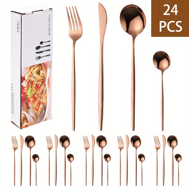 24pcs Stainless Steel Cutlery Set Thin Portuguese Steak Fork Spoon Plated
