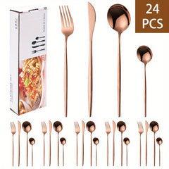 24pcs Stainless Steel Cutlery Set Thin Portuguese Steak Fork Spoon Plated