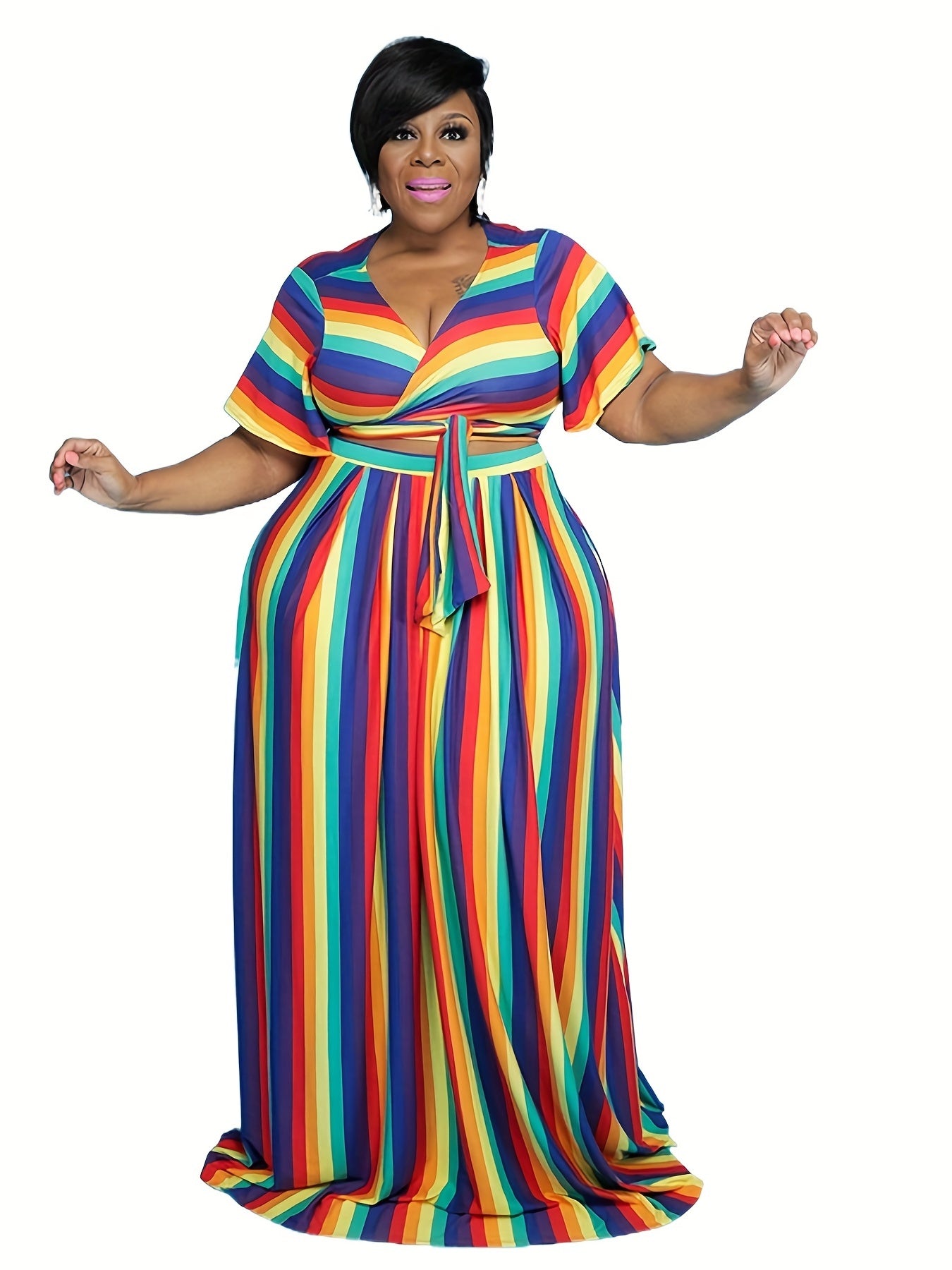  Colorful Stripe Crop Top & Maxi Skirt Outfit Set