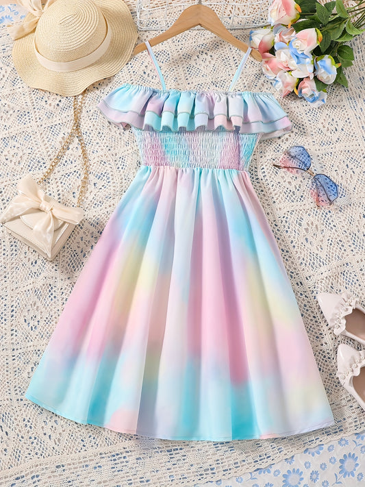 Toddlr Grls Ruffle Trim Cold Shldr Tie Dye Princess Dress
