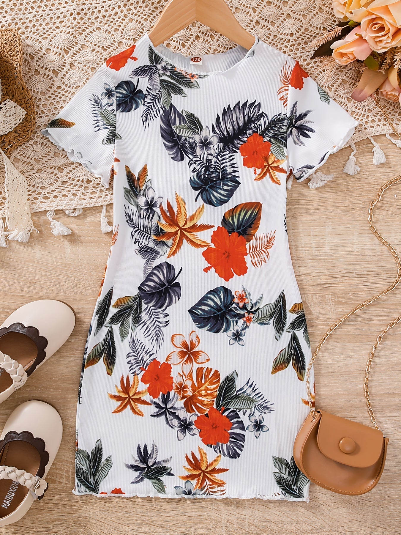 Girls Flowers Print Slim Dress Kids Summer Clothes