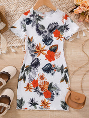 Girls Flowers Print Slim Dress Kids Summer Clothes