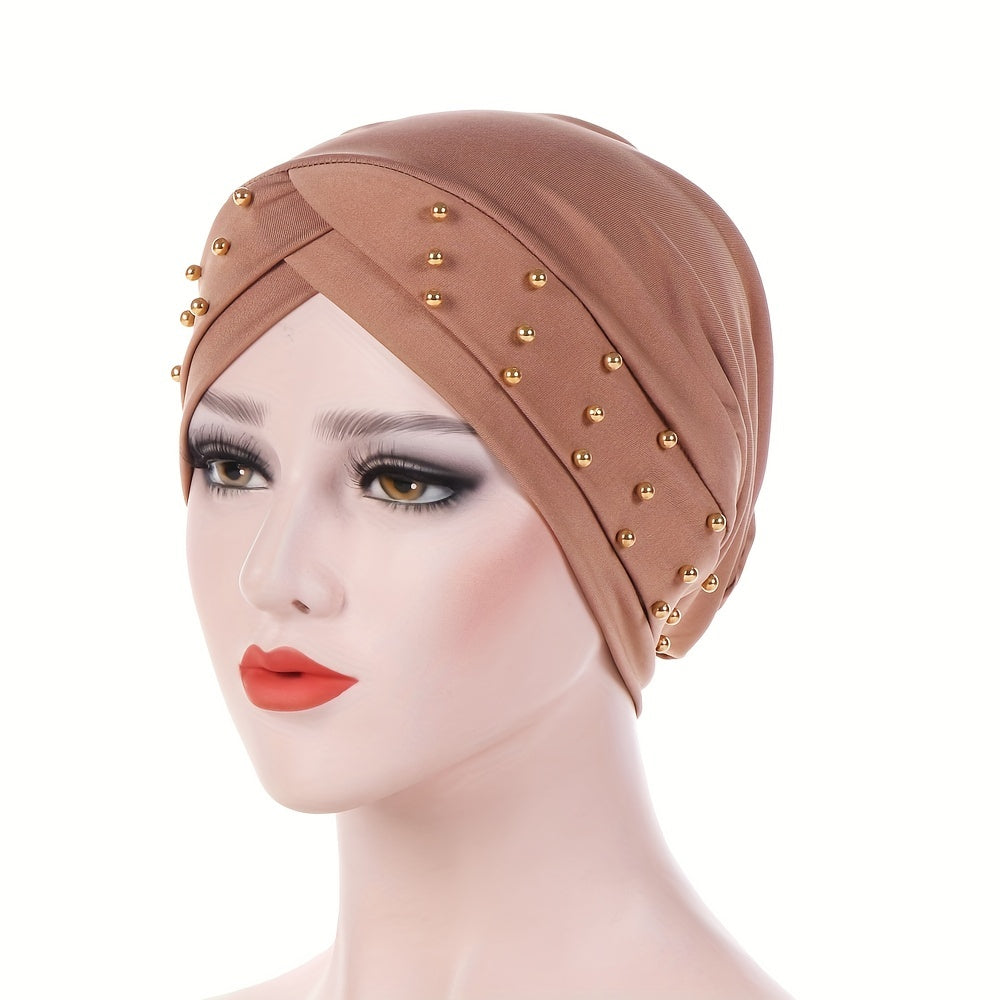 Baggy Beanie Cap Turban Headwrap Solid Beads Decor Headscarf Ramadan