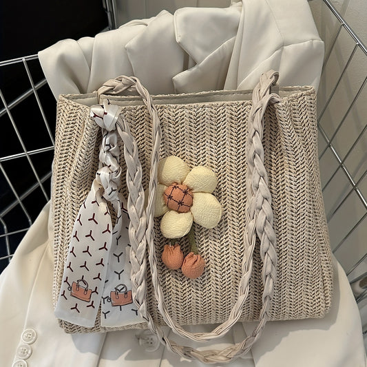 Large Capacity Straw Tote Bag with Woven Handle & Scarf Decor