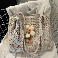 Large Capacity Straw Tote Bag with Woven Handle & Scarf Decor