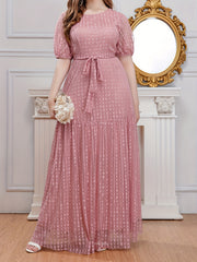 Polka Dot Mesh Puff Sleeve Maxi Formal Evening Dress With Belt