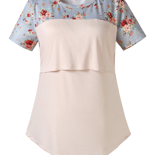 Maternity Casual Floral Graphic T shirt, Summer Breastfeeding
