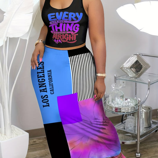  2 Piece Set Women's Crop Tank Top & Colorblock Maxi Skirt Outfits