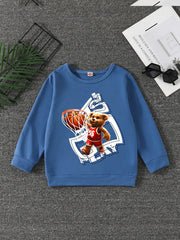 Bear Basketball Print Boys Sweatshirt Long Sleeve Crew Neck Tops