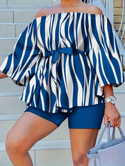 Women's Plus Stripe Off Shoulder Top & Shorts Set