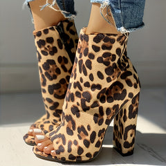 Leopard Print Peep Toe Ankle Boots Chunky Heel Zipper Comfy Shoes