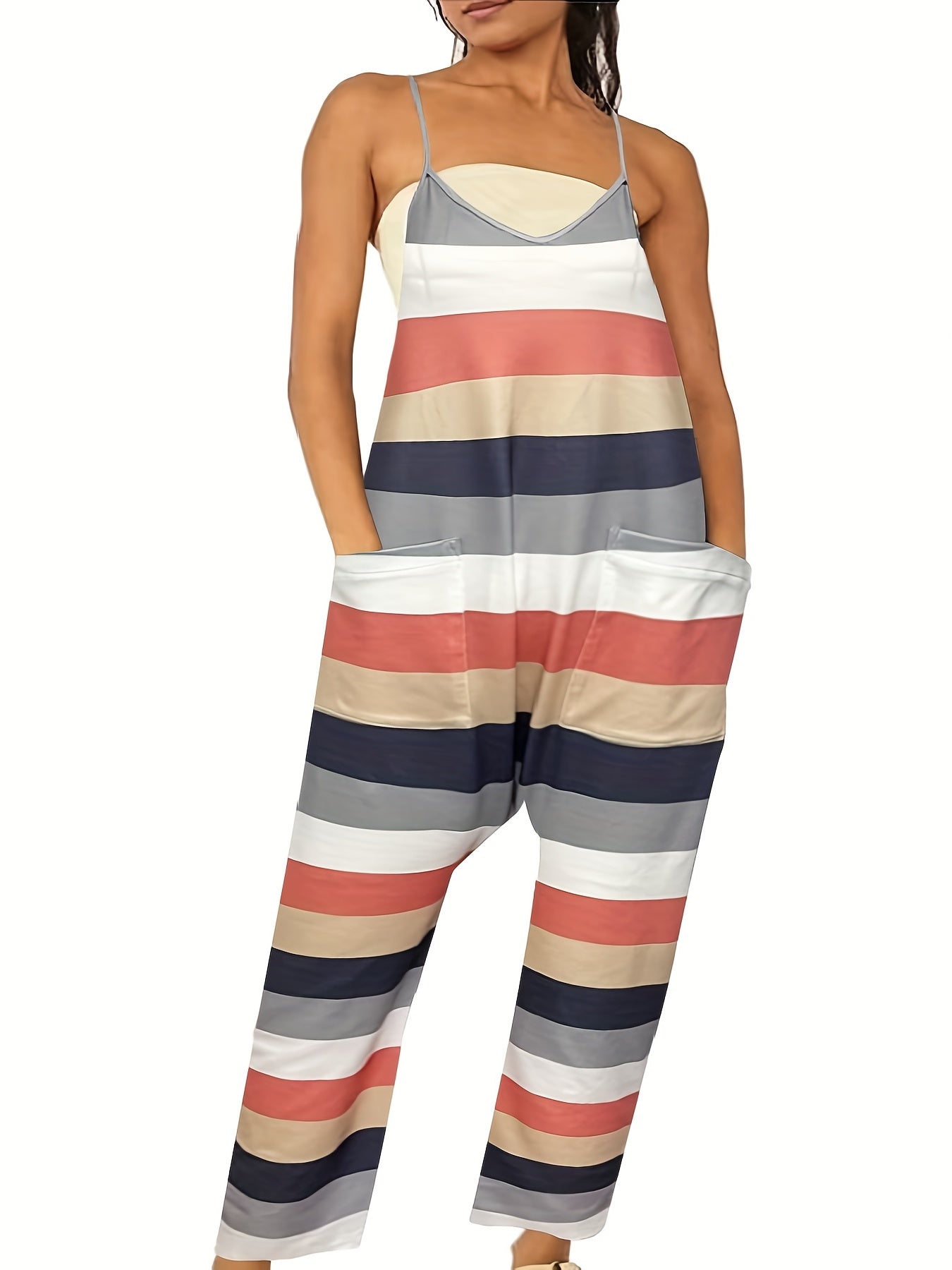 Striped Pattern Sleeveless Jumpsuit Dual Pockets