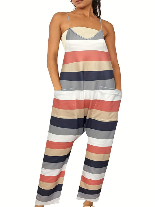 Striped Pattern Sleeveless Jumpsuit Dual Pockets