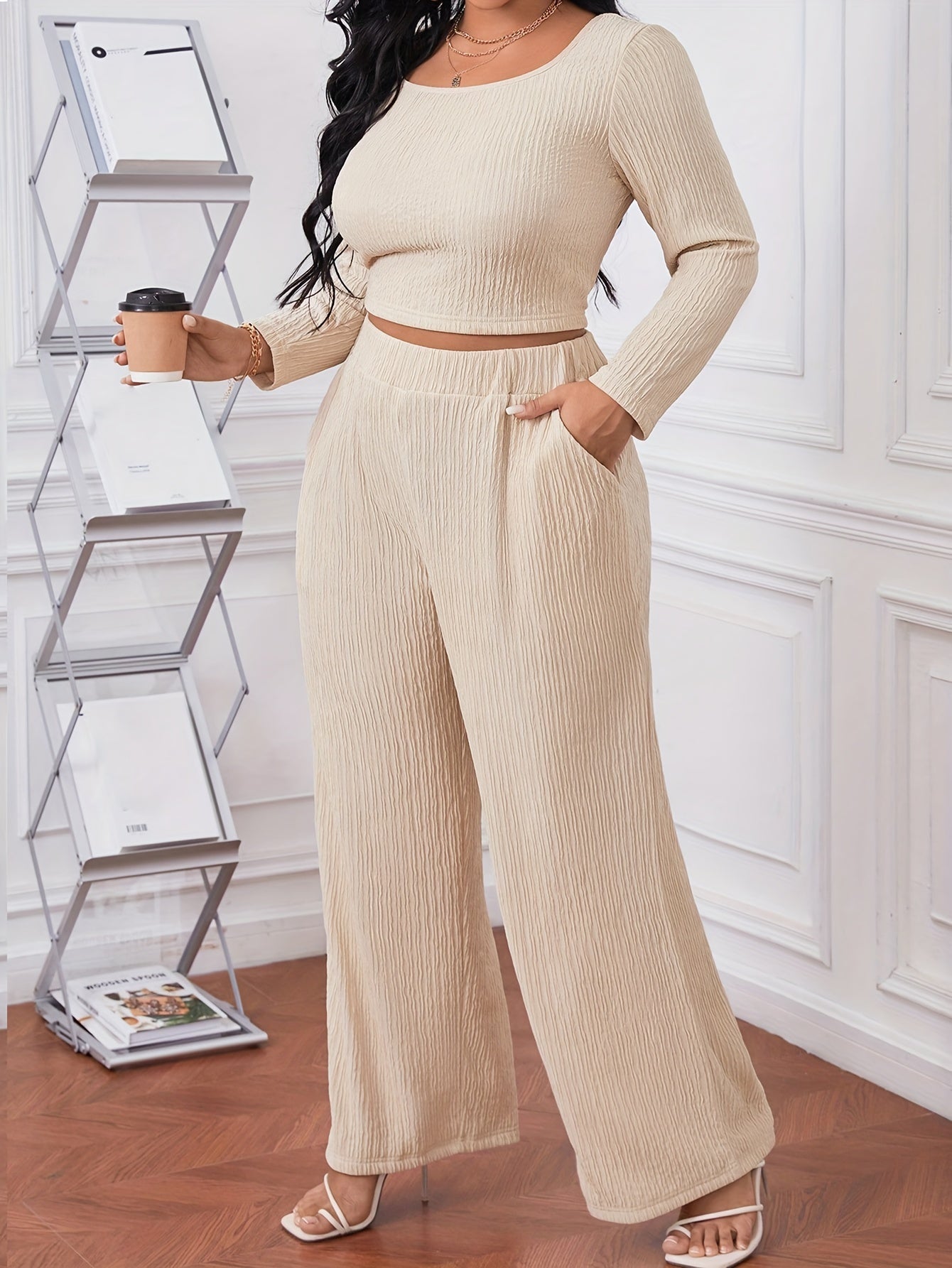 Plus Size Ribbed Long Sleeve Crop Top & Pants Outfit Set