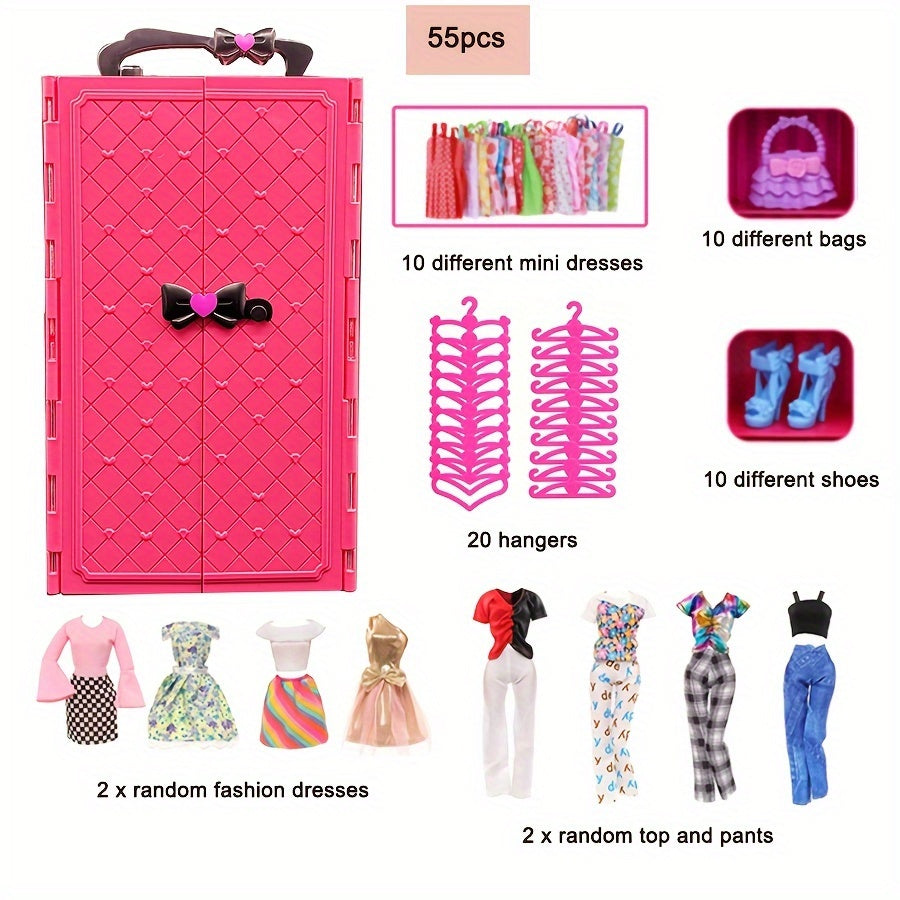 55 Piece Doll Wardrobe Set for 3-6 Year Olds