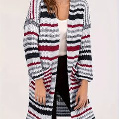  Striped Long Sleeve Open Front Cardigan with Pockets