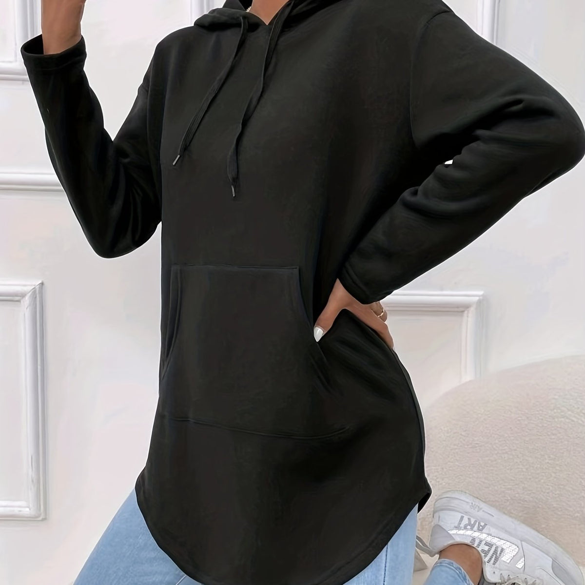 Solid Kangaroo Pocket Hoodie Casual Long Sleeve Drawstring Hoodies Sweatshirt