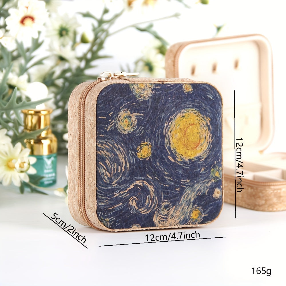 Vintage Painting Print Jewelry Box Zipper Portable Organizer