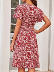 Floral Print Vacation Dress V Neck Short Sleeve Knot Summer Dress