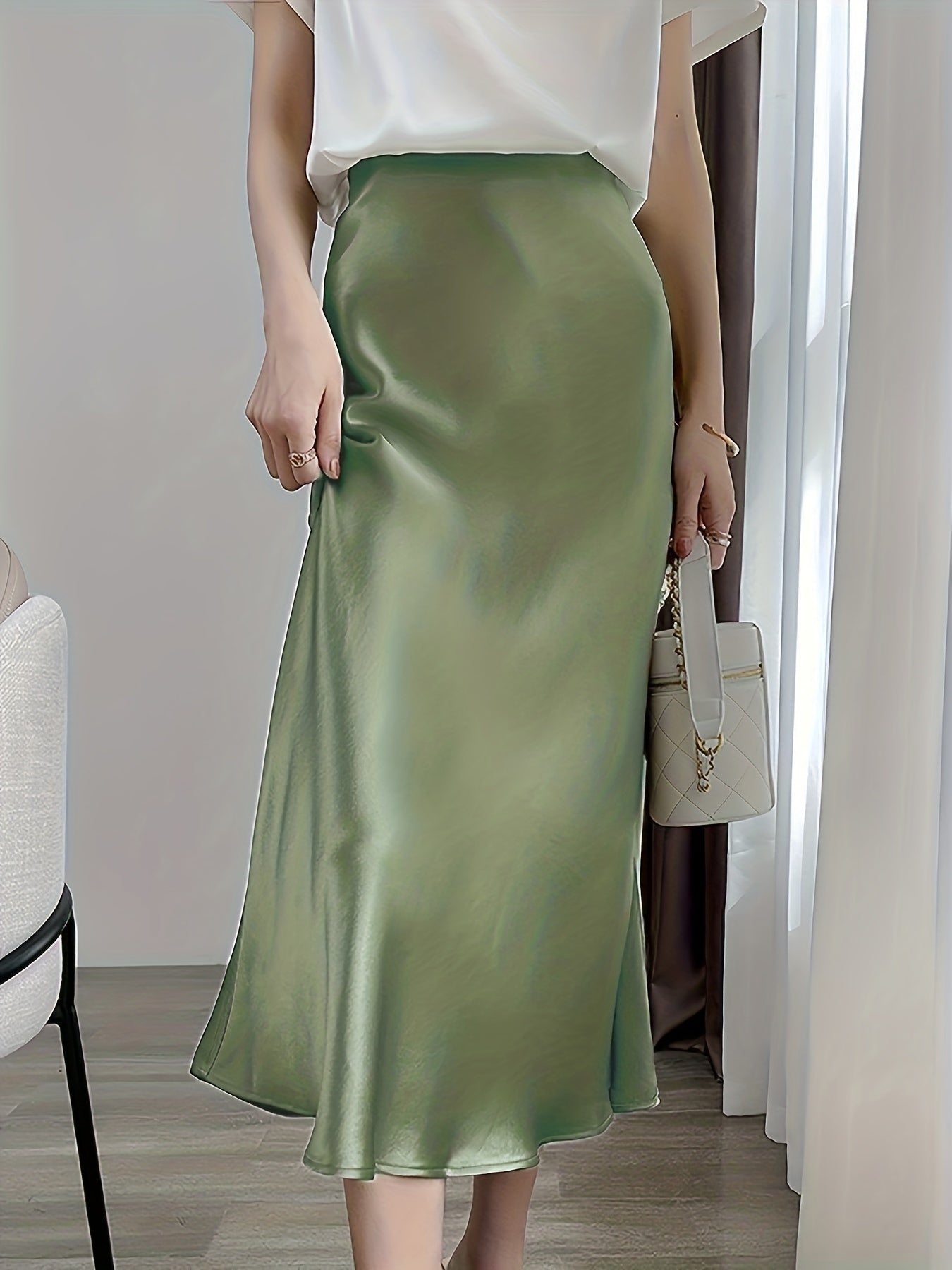 Vintage Satin Maxi Skirt High Waist Summer Casual Solid Retro Style