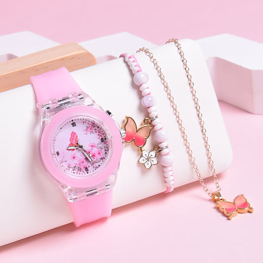 Butterfly LED Watch Set for Girls with Bracelet & Necklace