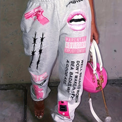  Letter Print High Rise Sweatpants Women's Plus Y2K Slight Stretch
