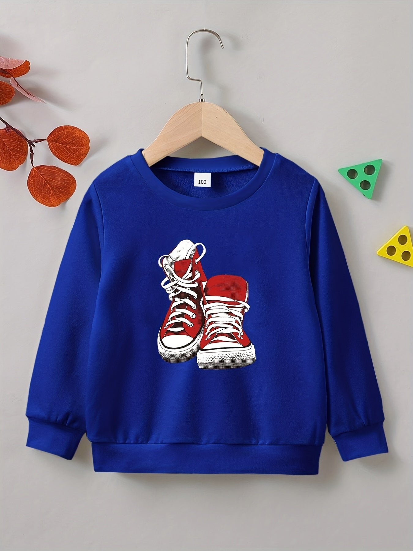 Canvas Shoes Print Boys Casual Pullover Sweatshirt Long Sleeve Crew Neck Tops