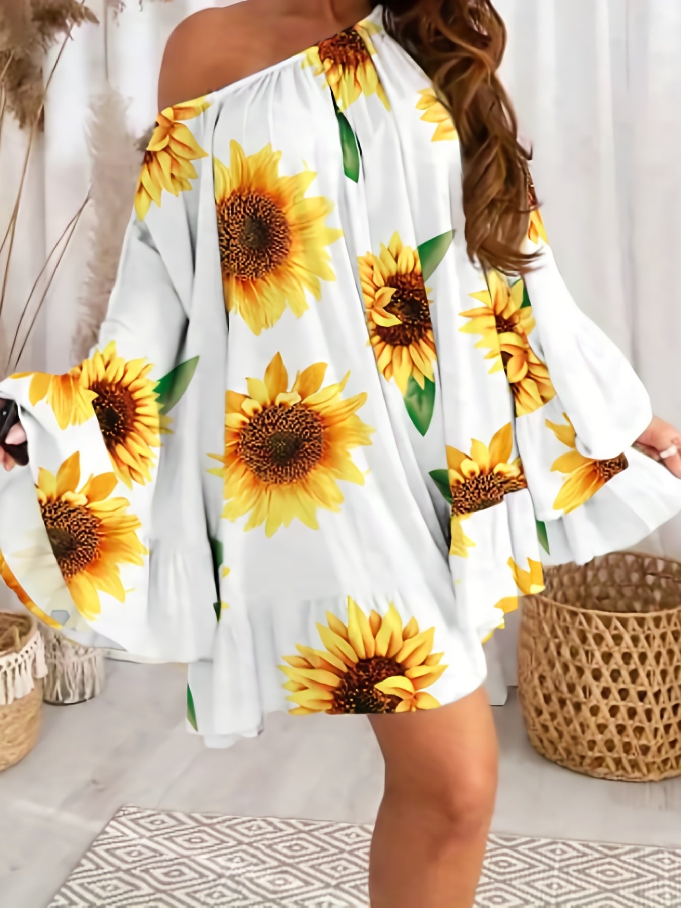  Sunflower Print One Shoulder Bell Sleeve Mini Dress